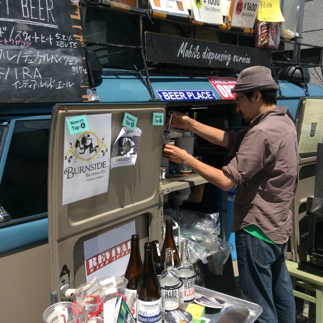 Oregon Beer Geeks is a company in Japan that imports beer from Oregon and sells it online. At the UN Market, they had two beers from Burnside Brewing and one from The Commons Brewery, both based in Portland.