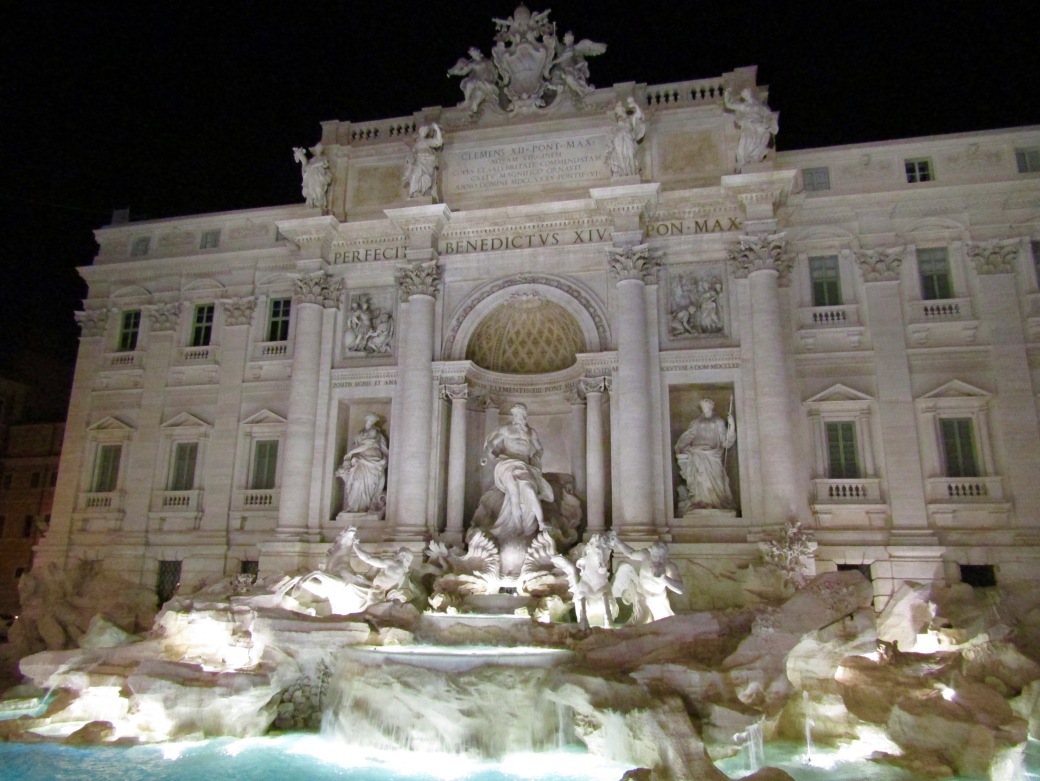 The popular Trevi Fountain at night.
