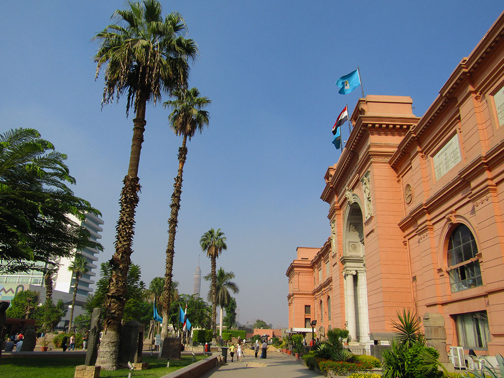 View from the side of the museum and its gardens. Can you spot the Cairo Tower?